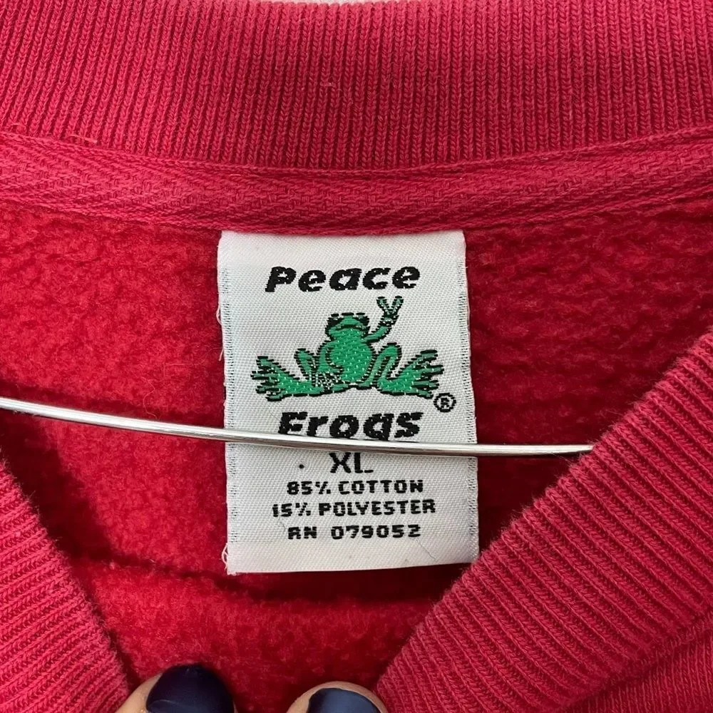Vintage Peace Frogs Red Crew Neck Embroidered Soccer Sweatshirt Unisex Size XL